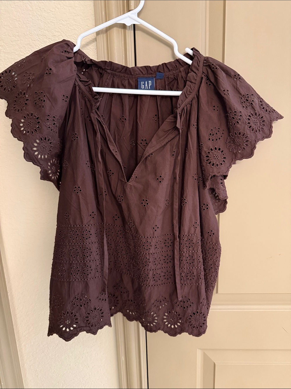 GAP Chocolate Brown Eyelet Flutter Sleeve Top